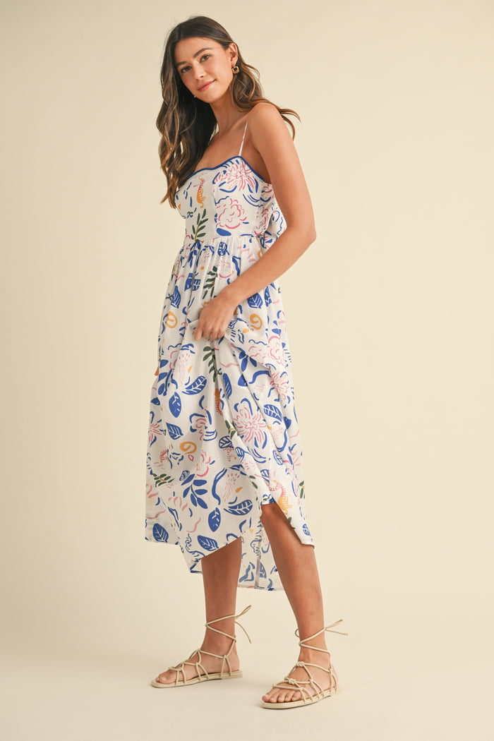 Ivory/Blue Leaf Printed Contrast Piping Detail Midi Dress