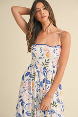 Ivory/Blue Leaf Printed Contrast Piping Detail Midi Dress