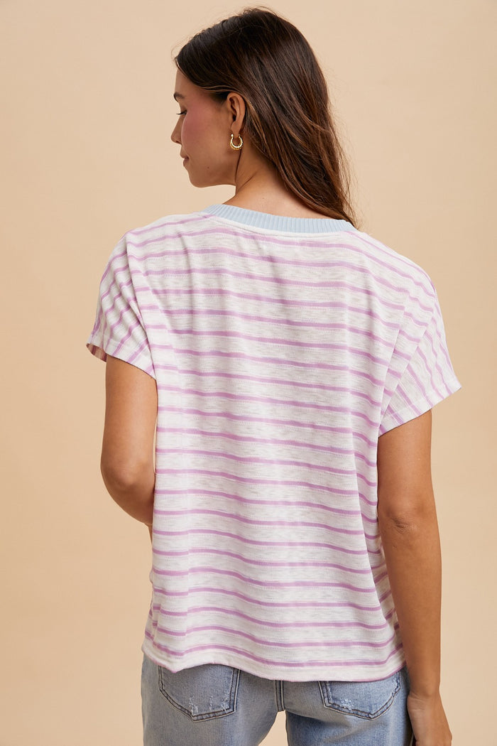 Pink Combo Contrast Neck Band Striped Slub Jersey T Shirt