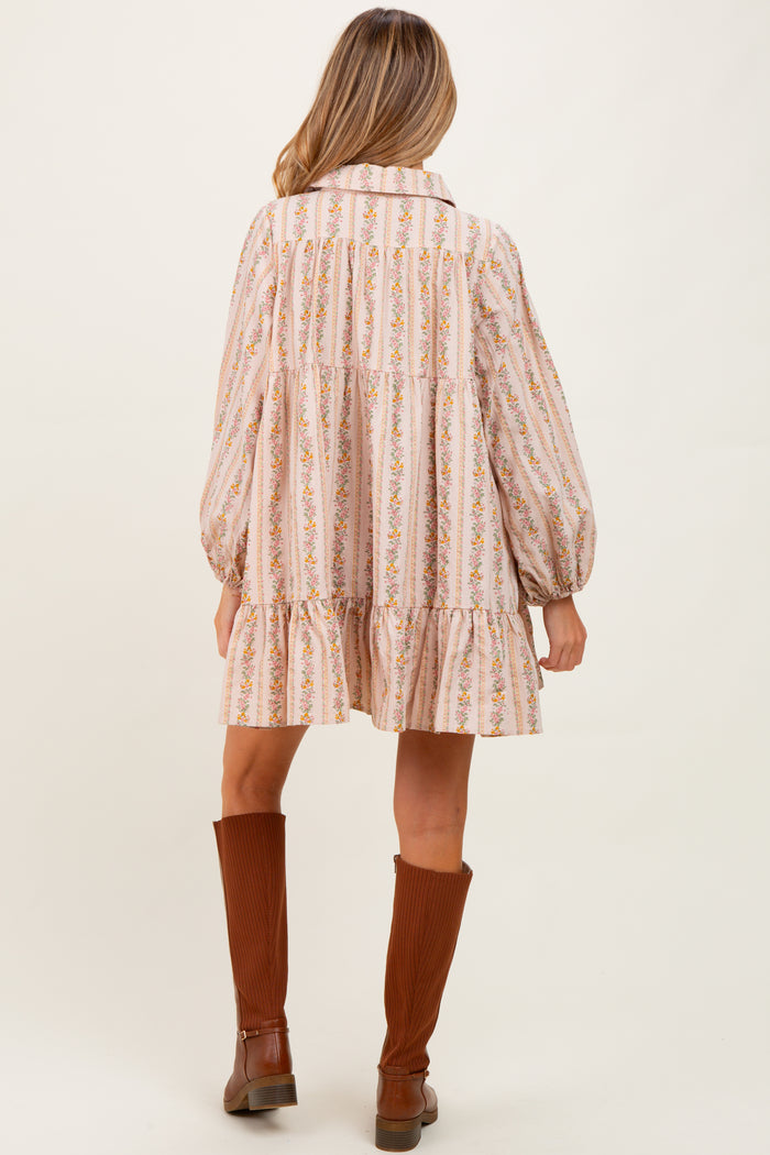 Tan Floral Print Shirring Half Buttoned Maternity Shirt Dress