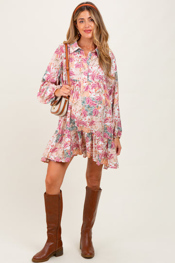 Apricot/Red Multi Floral Paisley Print Half Buttoned Maternity Shirt Dress