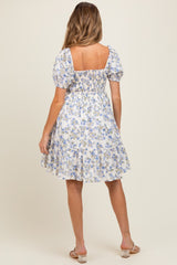 Cream/Lavender Ruched Bust Puff Sleeve Floral Cotton Maternity Mini Dress