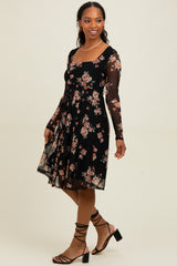 Black Floral Square Neck Long Sleeve Dress