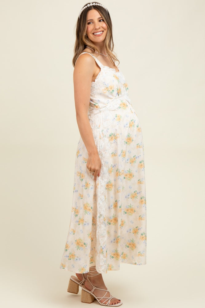 Yellow Floral Lace Overlay Maternity Maxi Dress