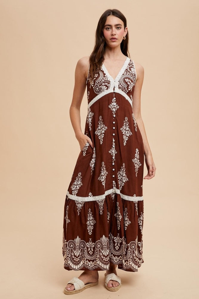Brown Border Print Resort Maxi Dress