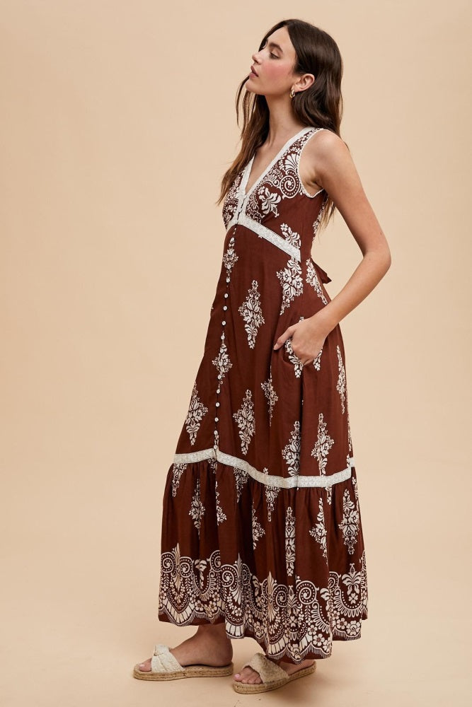 Brown Border Print Resort Maxi Dress