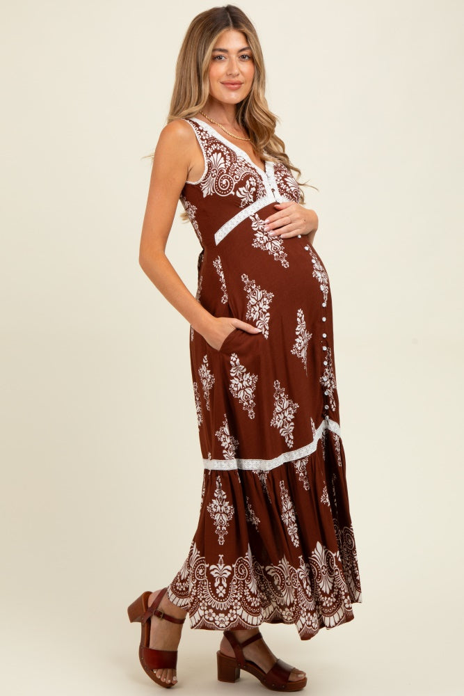 Brown Border Print Resort Maternity Maxi Dress