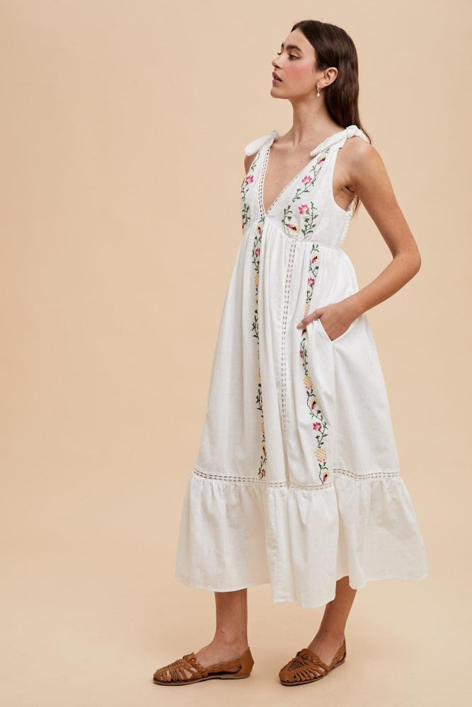 Ivory Embroidered Cotton Summer Maxi Dress