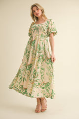 Green Print Puff Sleeve Square Neck Maxi Dress