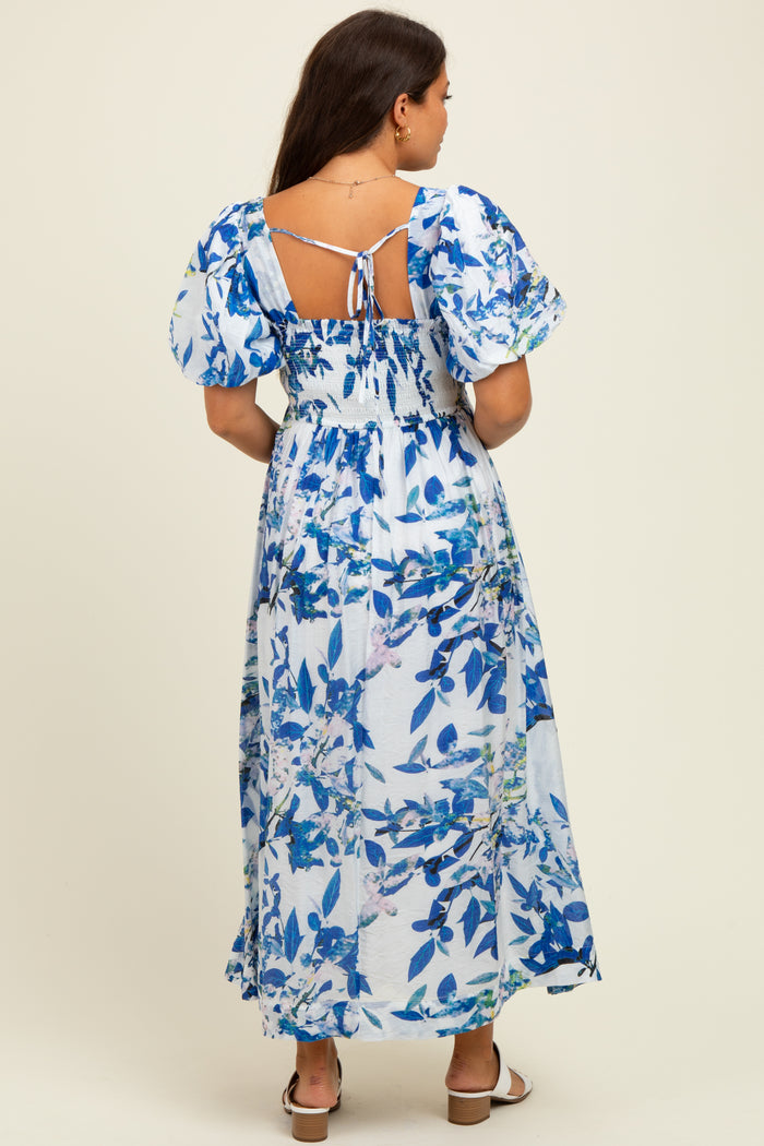 Royal Blue Print Puff Sleeve Square Neck Maternity Maxi Dress
