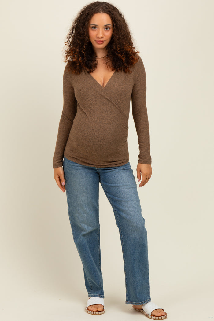 Camel Brushed Wrap Front Maternity Top