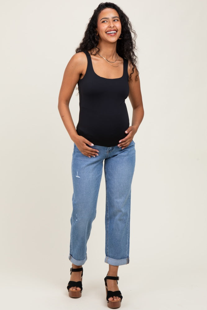Blue High Rise Cuffed Boyfriend Maternity Jeans