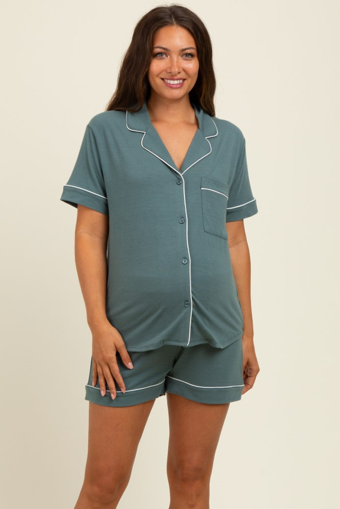 Light Olive Short Sleeve Button Down Shirt Shorts Maternity Set