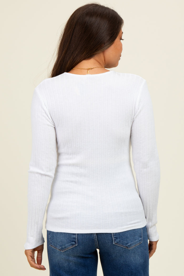 Off White Ribbed Knit Button Long Sleeve Maternity Top