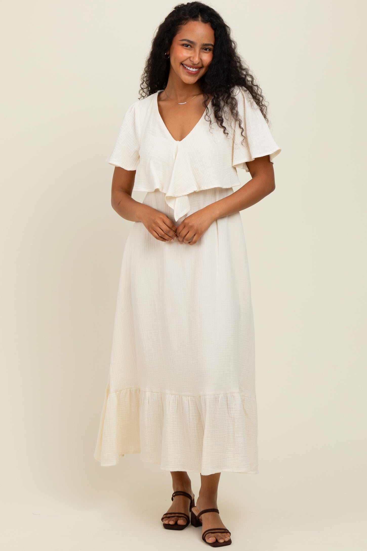 Cream Bust Knot Cotton Gauze Midi Dress