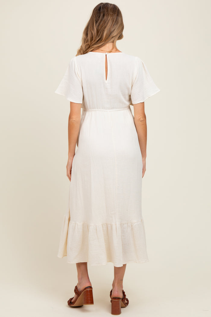 Cream Bust Knot Cotton Gauze Maternity Midi Dress