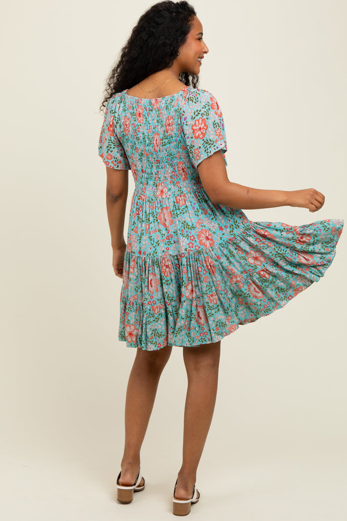 Mint Smocked Bodice V Neck Flutter Sleeve Dress