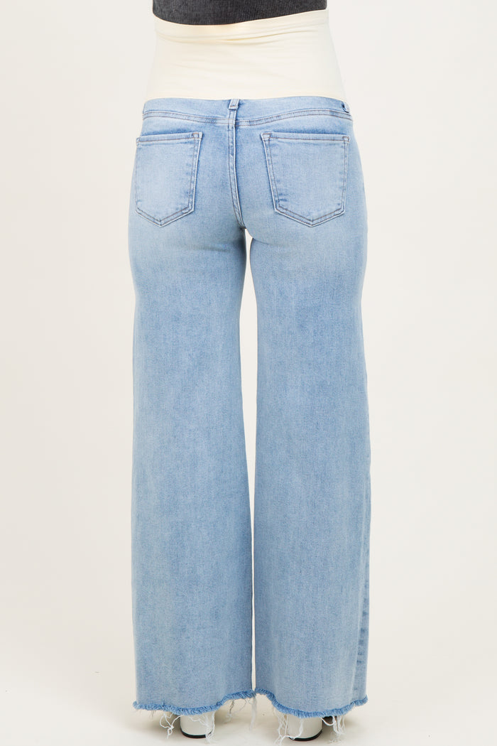 light blue maternity wide-leg jeans with a fitted waistband, shown from the back
