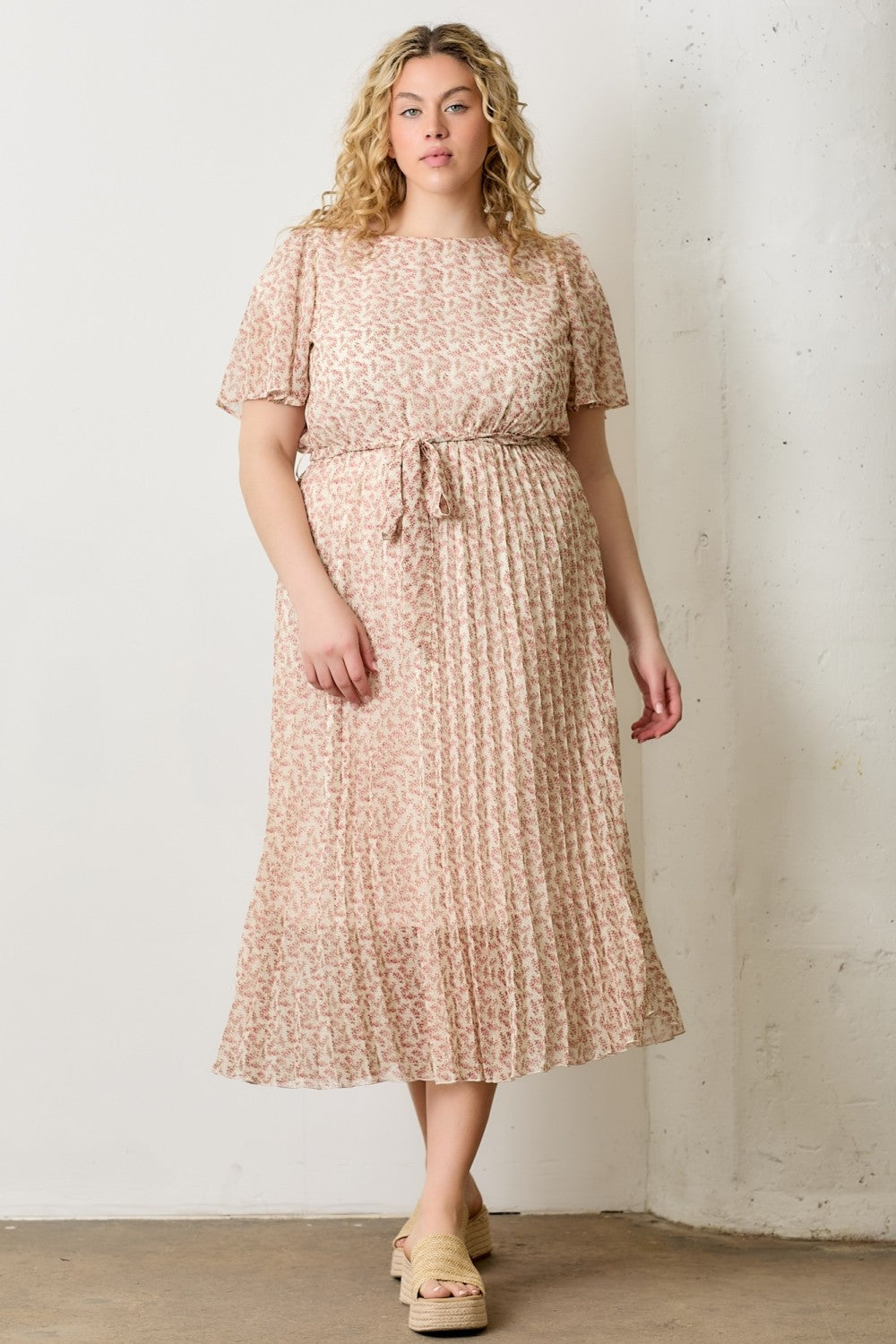 Cream Multi Printed Floral Waist Tie Plus Midi Dress