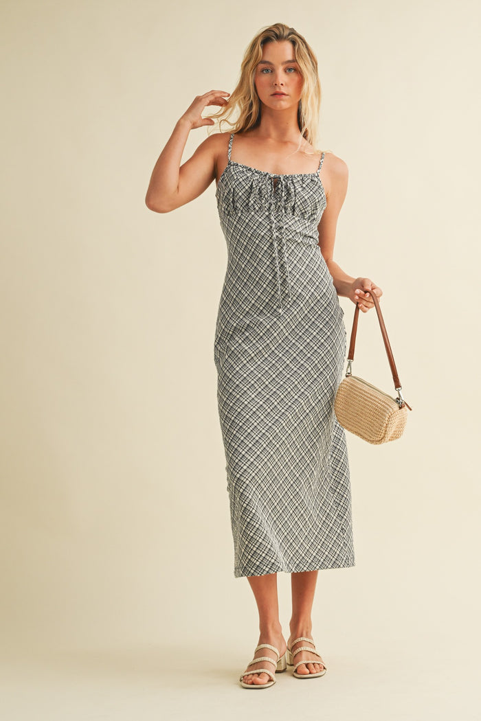Black Textured Plaid Drawstring Neck Maternity Midi Dress
