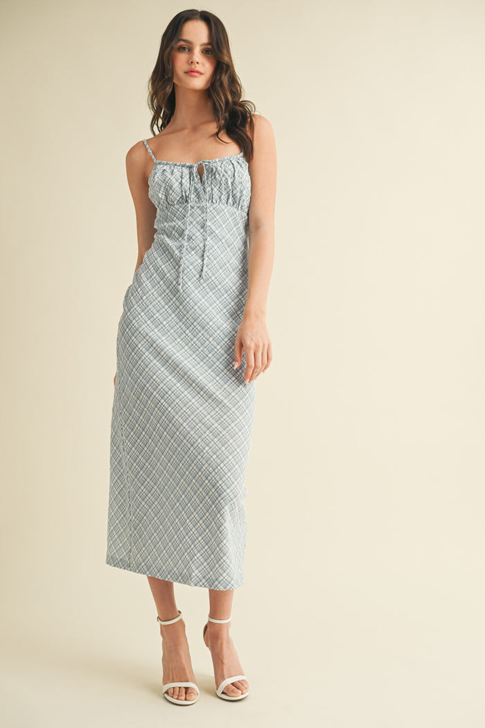 Blue Textured Plaid Drawstring Neck Maternity Midi Dress
