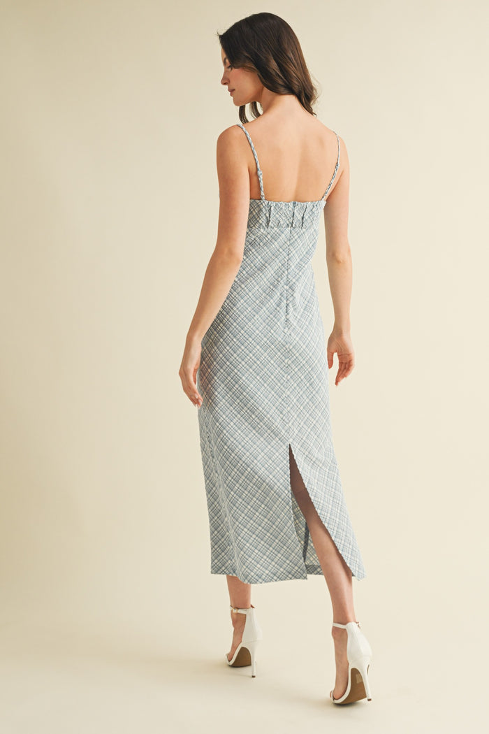Blue Textured Plaid Drawstring Neck Midi Dress