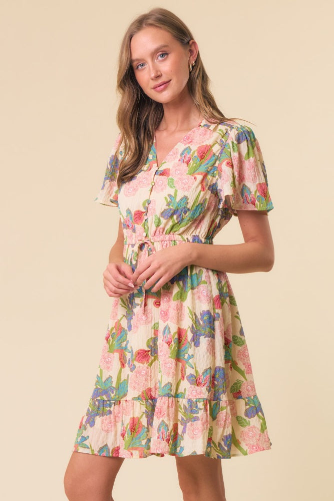 Cream V-Neck Flutter Short Sleeve Mini Dress