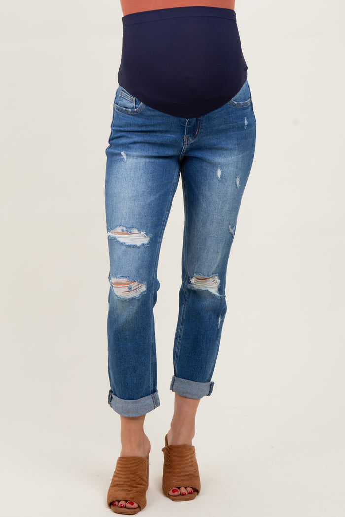 Blue High Rise Distressed Cuffed Boyfriend Maternity Jeans