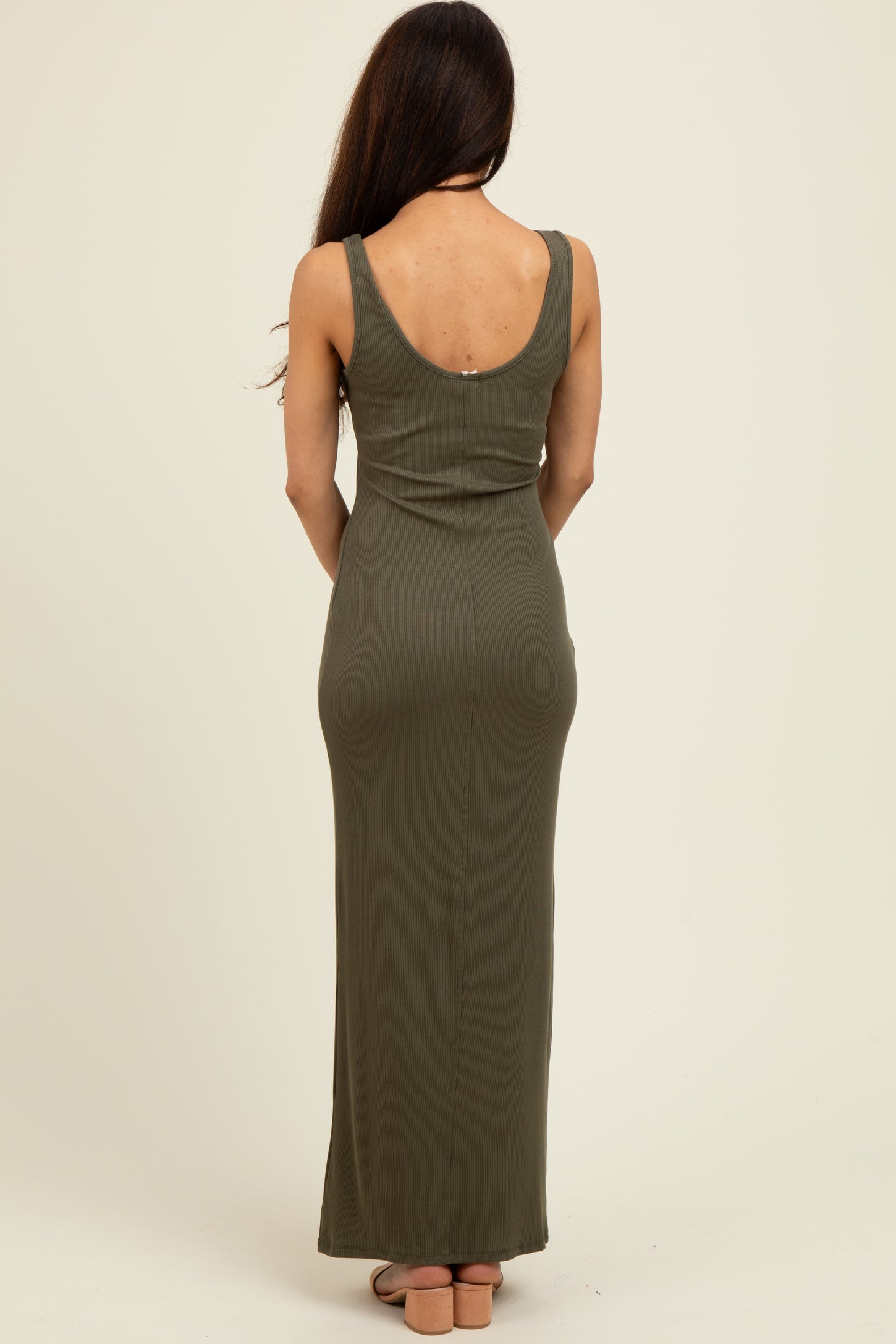 Olive Scoop Neck Sleeveless Rayon Rib Maxi Knit Dress
