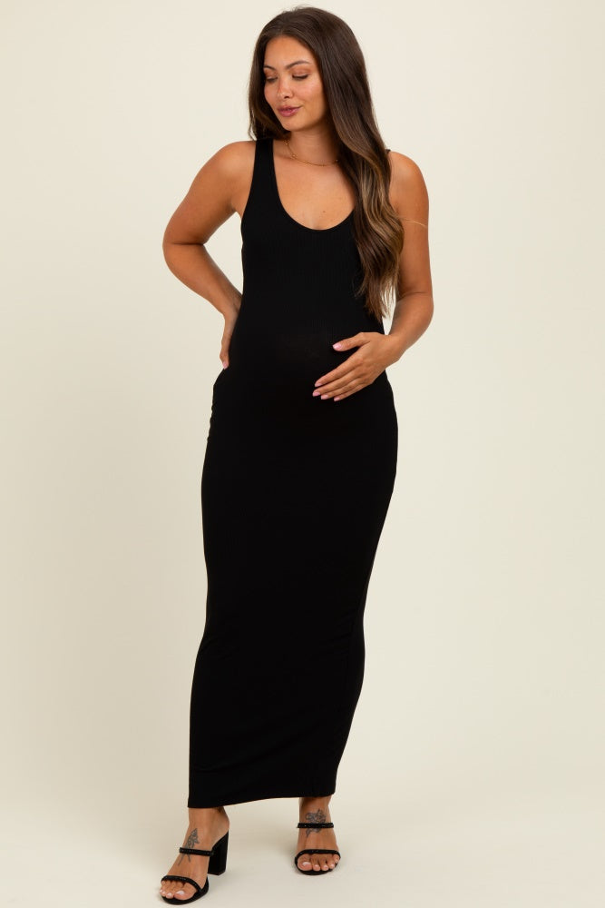 Black Scoop Neck Sleeveless Rayon Rib Maternity Maxi Knit Dress