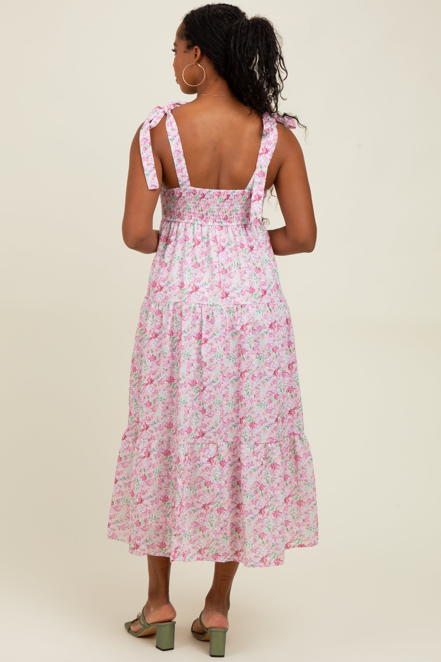 Light Pink Floral Shoulder Tie Midi Dress