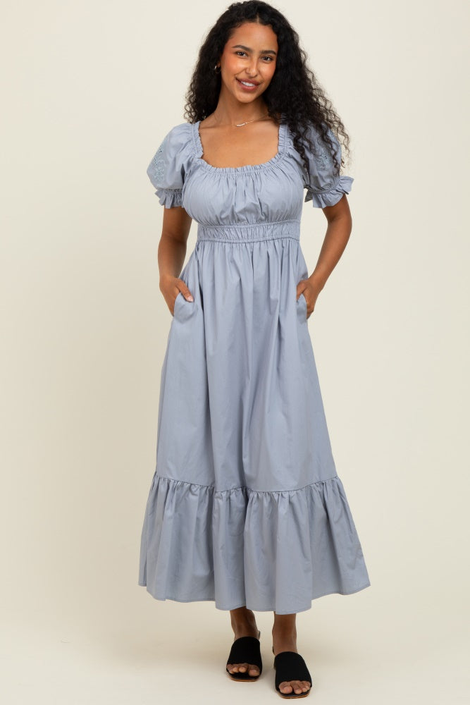 Dusty Blue Eyelet Embroidered Sleeve Cotton Midi Dress