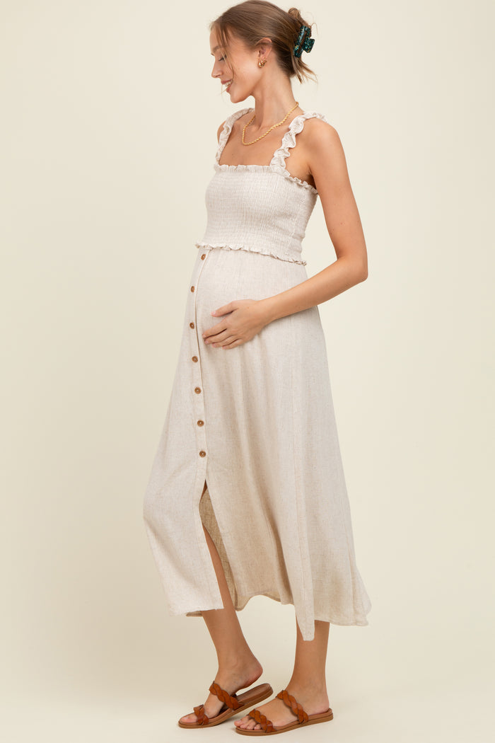 Oatmeal Smocked Button Front Linen Blend Maternity Midi Dress