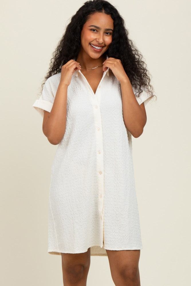 Ivory Textured Short Sleeve Button Down Shirt Dress