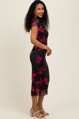 Black/Red Short Sleeve Digital Print Mesh Midi Dress