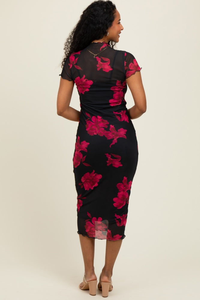 Black/Red Short Sleeve Digital Print Mesh Midi Dress