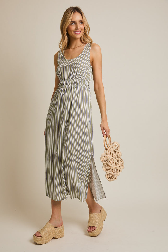 Olive-White Stripe Side Slit Maternity Maxi Dress