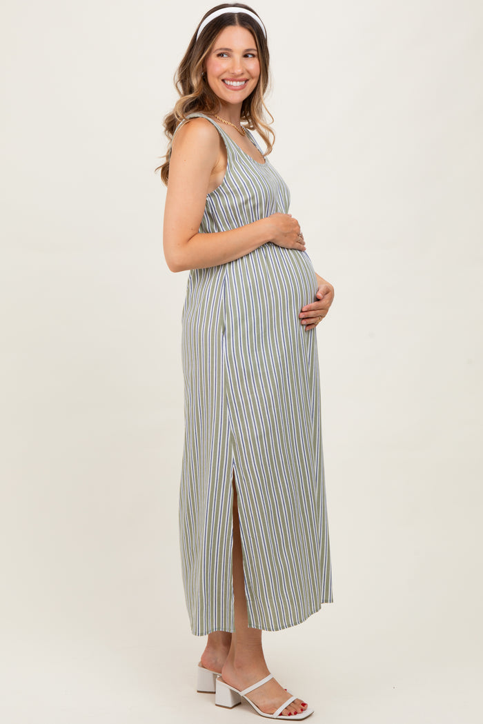Olive-White Stripe Side Slit Maternity Maxi Dress