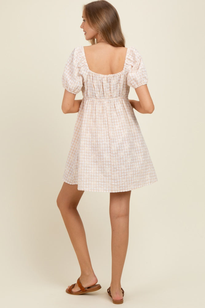 Beige Embroidered Gingham Sweetheart Neck Maternity Mini Dress