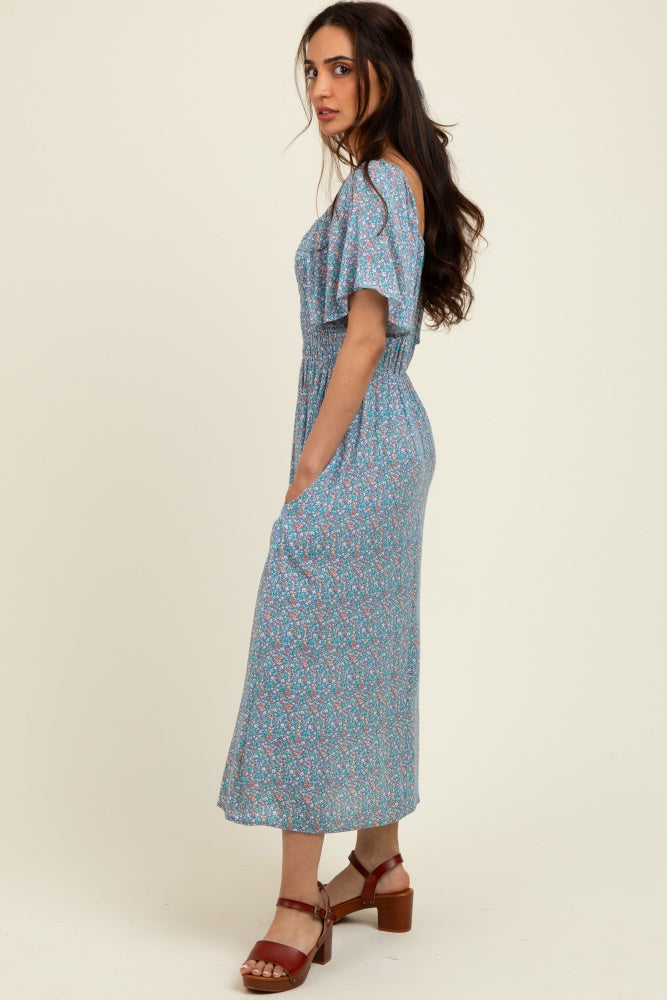 Blue/Pink Printed Dress With Pockets