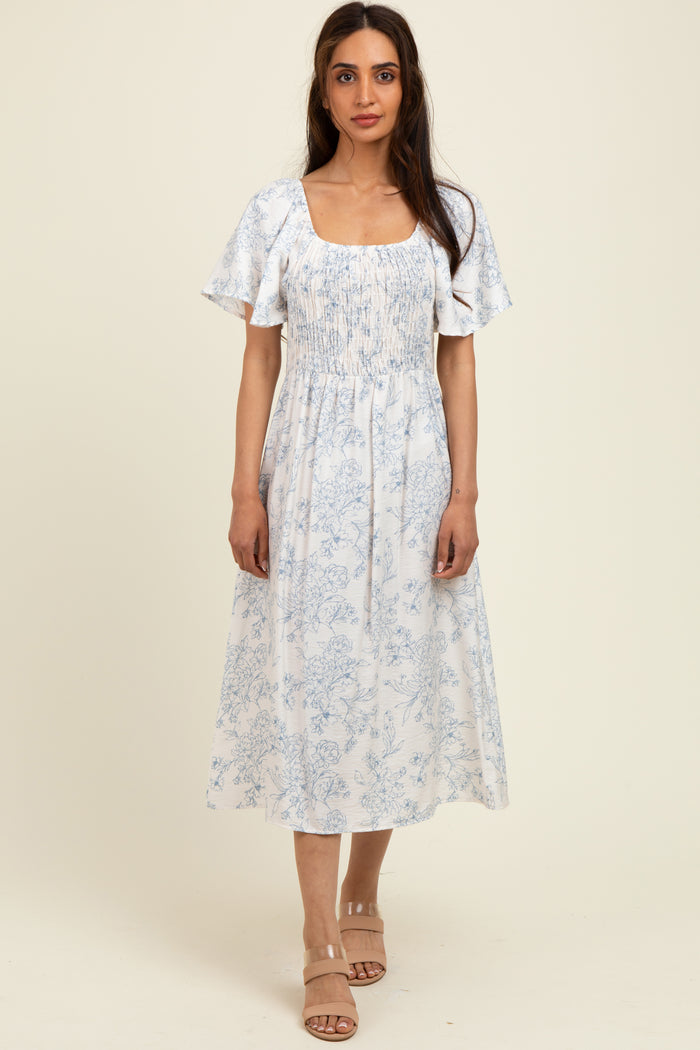 Ivory/Blue Printed Maternity Dress With Pockets