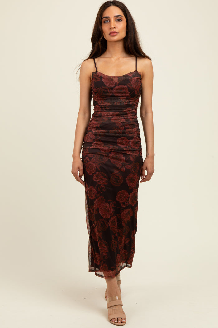 Brown Rose Print Mesh Overlay Ruched Maternity Midi Dress