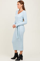 Light Blue Solid Brushed Rib Long Sleeve V-Neck Fitted Midi Dress