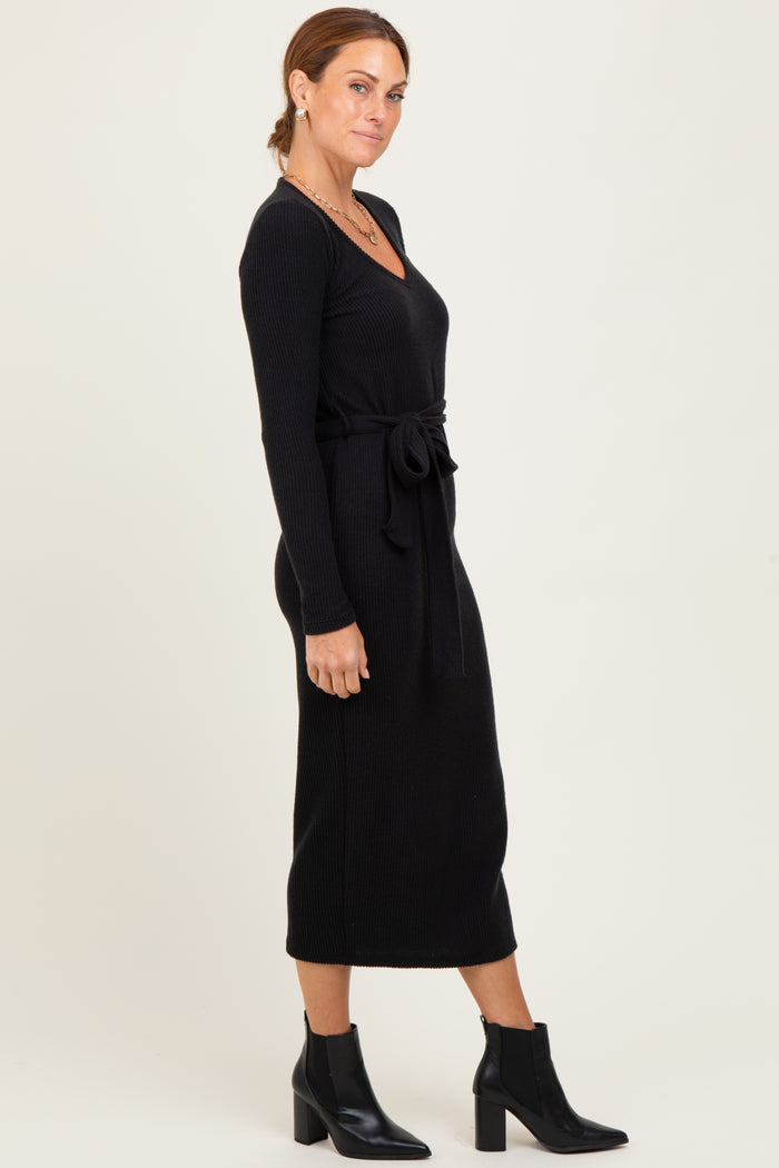 Black Solid Brushed Rib Long Sleeve V-Neck Fitted Midi Dress