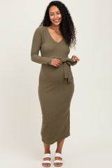 Light Olive Solid Brushed Rib Long Sleeve V-Neck Fitted Maternity Midi Dress
