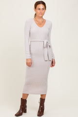 Beige Solid Brushed Rib Long Sleeve V-Neck Fitted Maternity Midi Dress