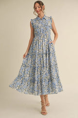 Blue Floral Print Frilled Pocketed Maternity Midi Dress