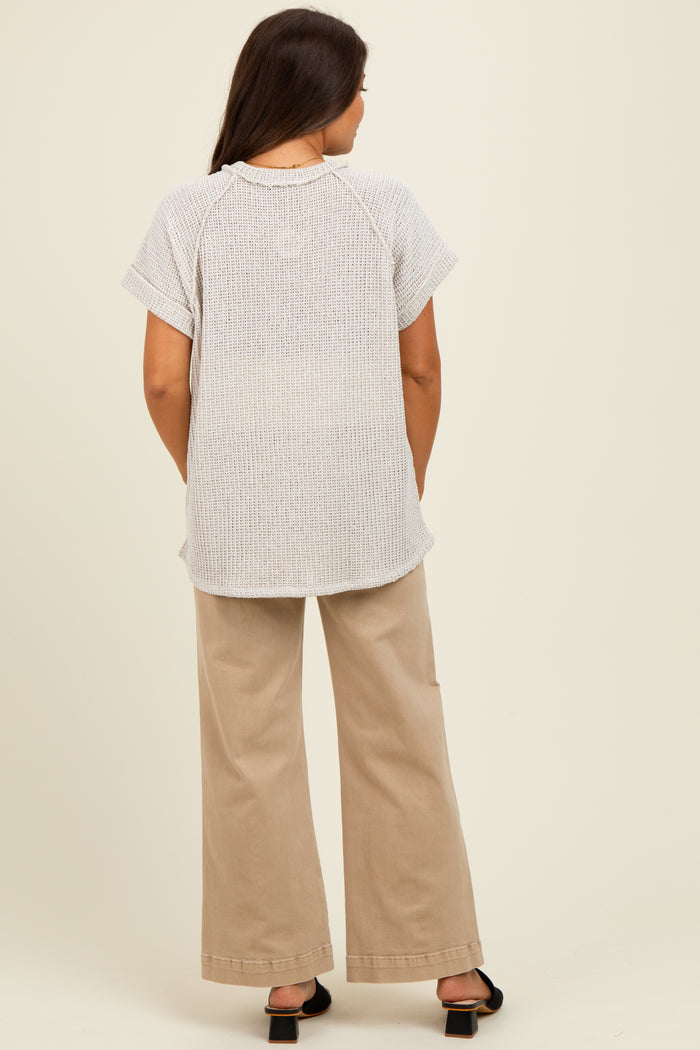 Taupe Short Sleeve V-Neck Solid Waffle Knit Maternity Top