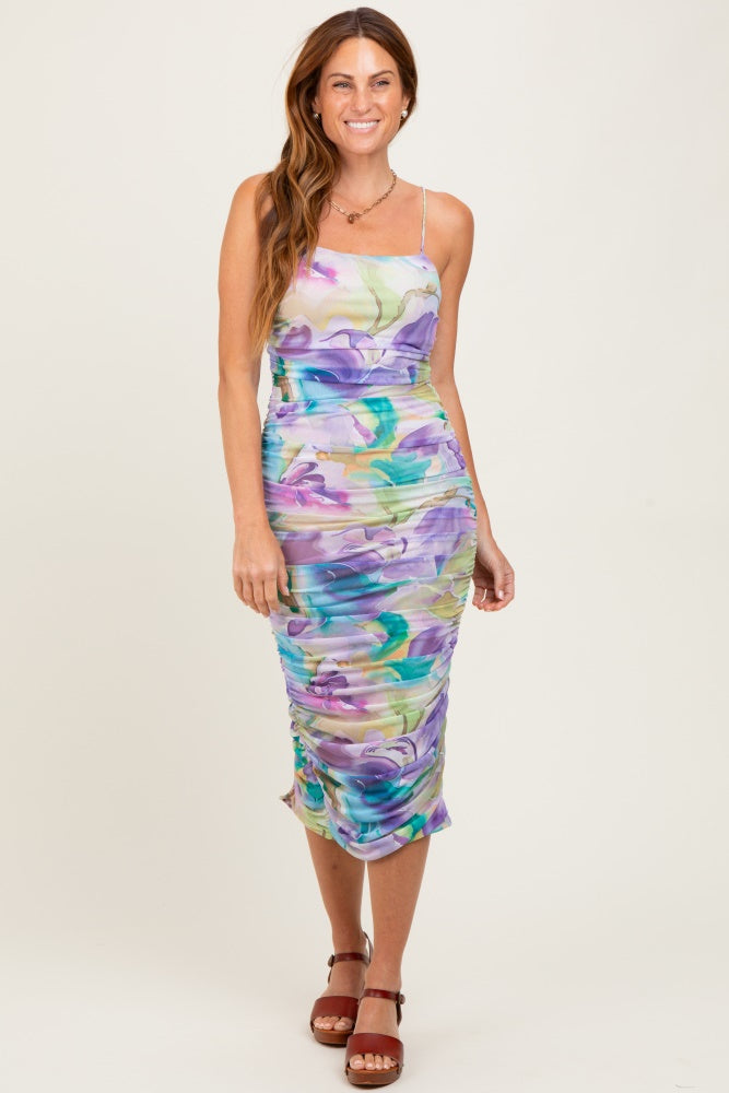 Lavender Printed Ruched Crisscross Back Maternity Midi Dress