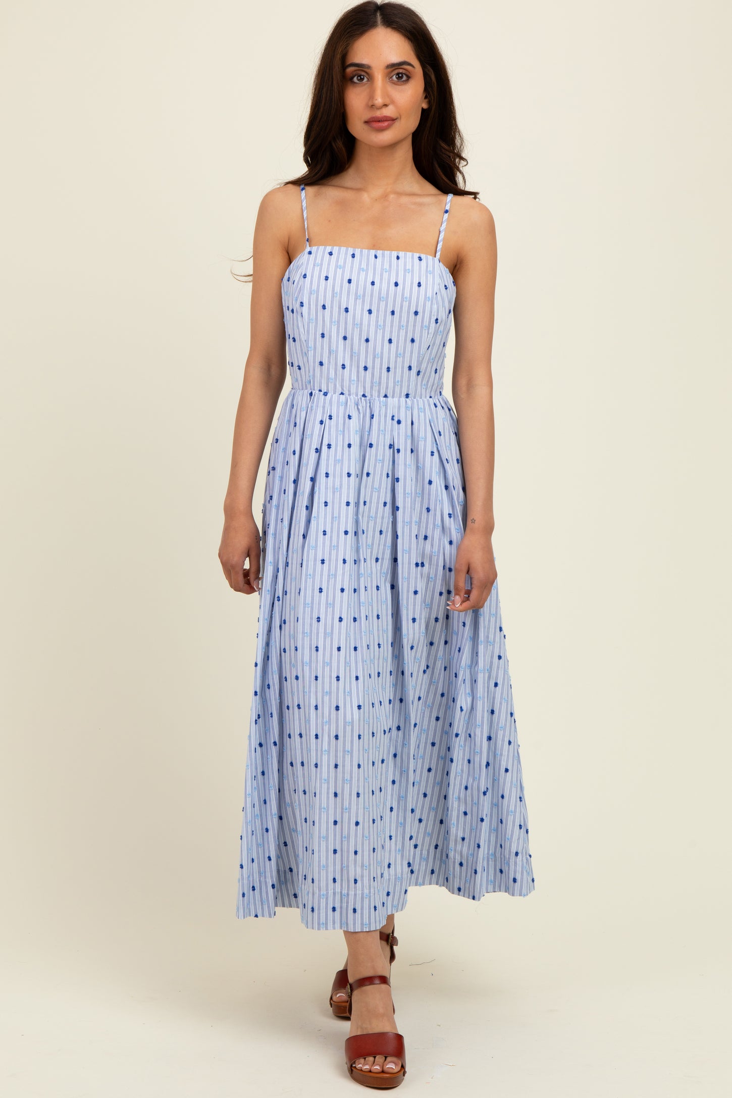 Blue Striped Swiss Dot Sleeveless Midi Dress